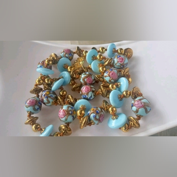 Wedding Cake Robin Egg Blue Glass Beaded Gold Tone Vtg 28" GORGEOUS Necklace - Picture 7 of 15